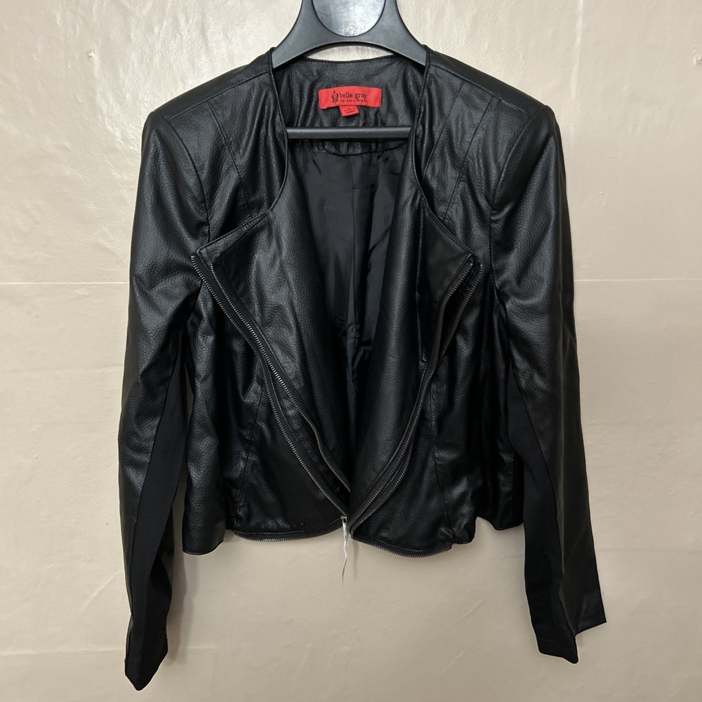 Belle Gray‎ Large Black Faux Leather Motorcycle Crop Jacket